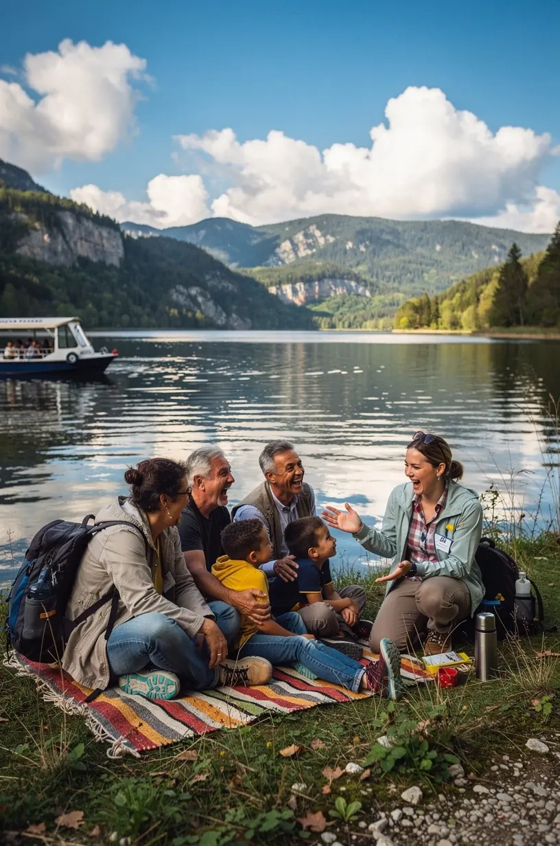 Turisti obdivujú tradičné slovenské ľudové remeslá a kroje počas kultúrnej exkurzie s odborným komentárom.